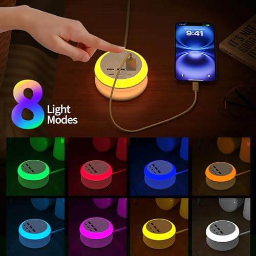 6-Port USB Charger with 8-Color Night Light, Retractable USB Extension Lead, Multi-Device Charging Hub with Safety Switch, Compact Power Strip for Home Office Bedroom Travel — view 2