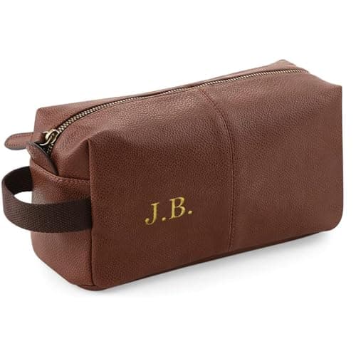 Personalised Wash Bag Embroidered Faux Leather Wash Bag Mens Toiletry Bag - Brown WashBag Men Vegan Leather Toilet Bag Initials Travel Gift