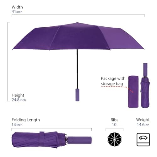 Travel Umbrella, Automatic Umbrellas for Rain, Windproof Compact Umbrella, Folding Sun Umbrella UV Umbrella, Portable Large Umbrella for Backpack, 10 RIBS Purple — view 2