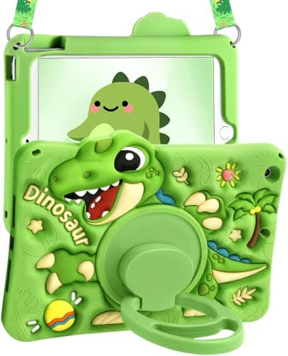 Kokaade for iPad 9th/8th/7th Generation 10.2 Inch Case (2021/2020/2019) - Cute Cartoon Green Dinosaur with Shoulder Strap & Rotating Stand for Boys Girls Teens Soft Silicone