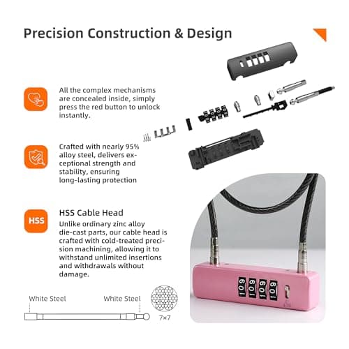 UP Security Cable Lock with Combination 2 ft for Luggage,Refrigerator,Pink — view 4