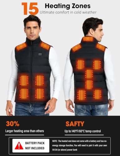 Heated Gilet for Men Lightweight Men's Heated Vest 3 Heat Level & 15 Heating Zones Electric Jacket Coat Heated Body Warmer for Winter Camping Skiing Hunting Outdoor (Battery Pack Not Included) — view 2