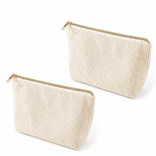 2 Pack Beige Corduroy Makeup Bags - 22x12x7cm Small Cosmetic Pouch Set with Metal Zip for Handbag Travel Toiletries Daily Storage