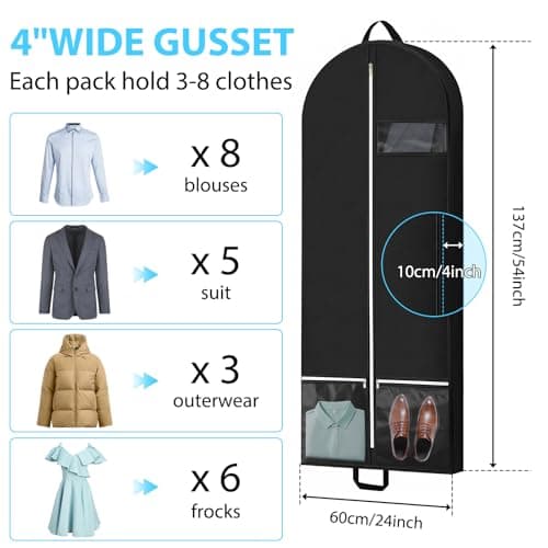 Fourindo 2 Pack 54 Inch Garment Bags, Heavy Duty Nonwoven Suit Bags with Handles and PVC Window for Travel & Storage, Hanging Clothes Cover for Suits, Dresses, Coats (Black, 137x60x10cm) — view 2