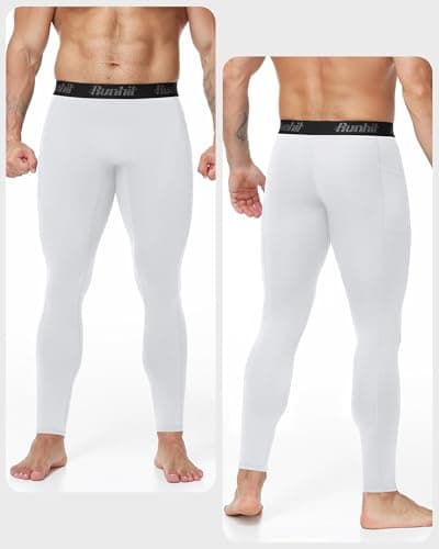 Runhit Mens Compression Pants with Pockets, Sports Base Layer Trousers, Thermal Tights Cycling Leggings for Running Training White M — view 2