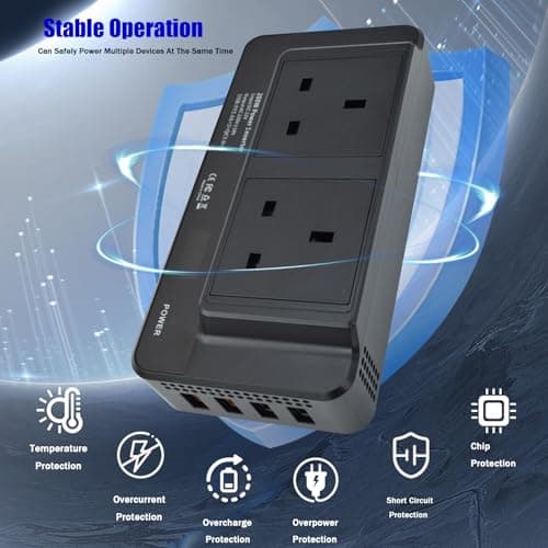 200W Portable Car Power Inverter 12V to 230V DC to AC Converter with Cigarette Lighter Plug, 2 AC Sockets 4 USB Ports Fast Charging LED Digital Display Multiple Protection for Camping Road Trips — view 5