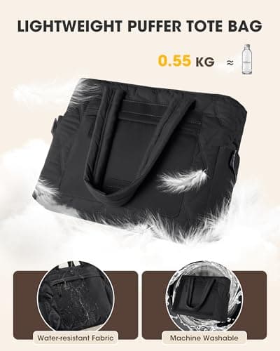 RAINSMORE 15.6 Inch Puffer Laptop Tote Bag for Women Large Quilted Cloud Bag with 15 Pockets and Luggage Sleeve Lightweight Water-Resistant Work Handbag for Teacher, Travel, Gym, School Black — view 4