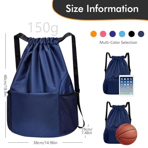 InfiniZer Sports Drawstring Bags Waterproof Swimming Bag for Kids Adults Unisex Large Capacity Foldable Gym Bag for Swimming Gym School Travel Hiking (Navy Blue) — view 2