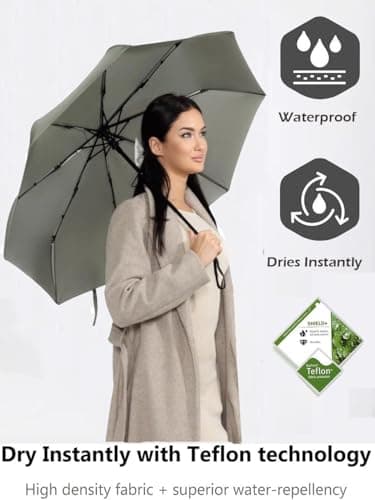 Windproof Travel Umbrella - Compact, Light, Full Automatic Open/Close - Folding Backpack Umbrella for Rain & Sun UV Preotection For Men & Women, Unbreakable 8 Fiberglass Ribs UK Design (Olive) — view 4