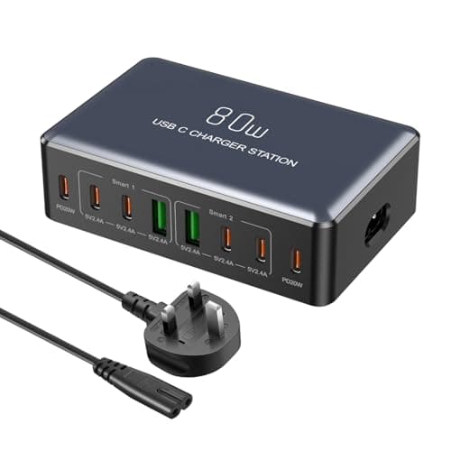 Kitbox Multi USB C Charger Phone Charging Station 80W Multiport Charger Adapter Dual 20W USBC Fast Charging Plug UK for iPhone 17 16 15 14 Pro Max iPad Samsung Galaxy Pixel 10 9 etc,black