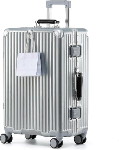 Blex Hand Luggage Suitcase, Lightweight Cabin Trolley with Aluminium Frame, Hard Case with USB/Type-C, Drinks & Mobile Phone Holder, TSA Lock & Quiet 360° Wheels, Silver (black genuine leather handle