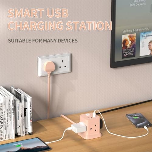 Cube Extension Lead with USB Slots, BEVA 4 Way Multi Plug Power Strip with 3 USB Ports (5V/2.4A), Desktop Power Extension Socket with 1.5M Extension Cords for Home Dorm Office Travel-PINK — view 3