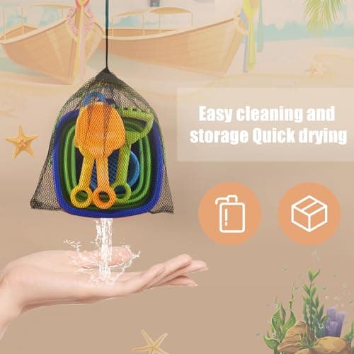 NQEUEPN 6pcs Beach Toys Set, Collapsible Bucket with 4 Shovels Sand Toys & Mesh Bag Foldable Portable Travel Beach Bucket Sand Toys for Kids Boys Girls Fun Summer Beach Party Activities (Blue) — view 5
