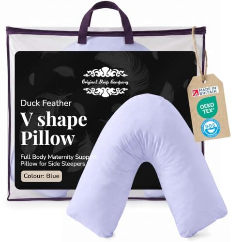Bedding Direct UK Superior Duck Feather V-Shaped Pillow - Side Sleep Pregnancy Pillow with Polycotton Cover with Pillowcase - Support to Eliminate Neck, Back, Hip, Joint - U Shape Neck Pillow Blue