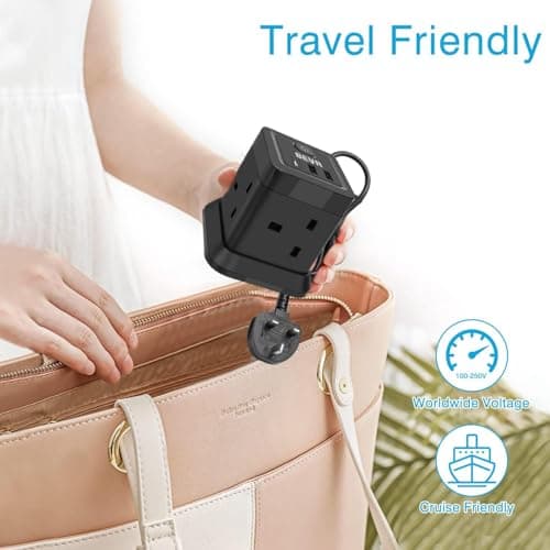 Extension Lead Cube 3M With USB Slots, BEVA 4 Way Extension Socket With 3 USB Ports, Power Strip With Switch Multi Plug Extension with 3 Metre Long Cable For Home Travel Office Dorm-Black… — view 4