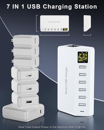 USB Charger 60W 7-Port USB Desktop Charger with LED Screen, Multi-Device Charging Station with Real-Time Power Monitoring for Phone,Fast Charging Hub for Home, Office, Travel — view 6