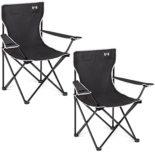 Trail Folding Camping Chair – 2 Pack, Lightweight Outdoor Chair with Cup Holder Armrest, Heavy Duty Tubular Steel Frame, Fast-Drying Polyester, Carry Bag, 100kg Capacity (Black)