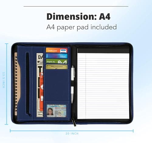Gorbado Zippered Portfolio Organizer/ A4 Refillable Lined Writing Notepad Folder Case/Fabric-Covered Padfolio Binder with Interior Storage Pocket for Men Women, Navy Blue — view 5