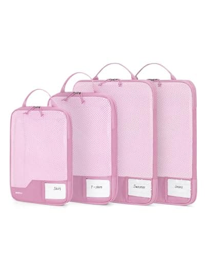 ECOHUB 4pcs Compression Packing Cubes, Suitcases Organiser Bag with Tag, Recycled Travel Bags Organiser for Backpack, Tear-resistant Packing Organiser for Carry On Luggage, Pink (Patent Pending)
