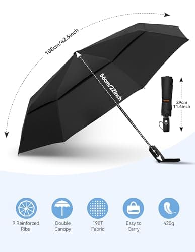TECKNET Umbrella Windproof Strong for Rain, Large Automatic Folding Umbrella with 9 Strong Ribs, Double Canopy, Easy Auto Open & Close, Compact Travel Portable Durable & Lightweight Umbrellas, Black — view 6