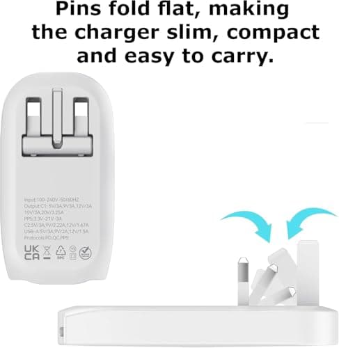 TWICK - Ultra-Slim 65W GaN Fast Charger 2x USB-C & USB-A Folding UK Plug PPS Quick Charge for MacBook, Laptops, iPhone, iPad, Samsung Galaxy, Pixel, Tablets, UK Travel Compact Size -WHITE — view 4