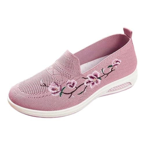 Slip On Shoes Women Embroidered Orthopedic Walking Shoes Breathable Mesh Sneakers Slip-On Lightweight Work Mom Shoe,for Outdoor Walking Traveling Hiking Size 3-11 Pink — view 4