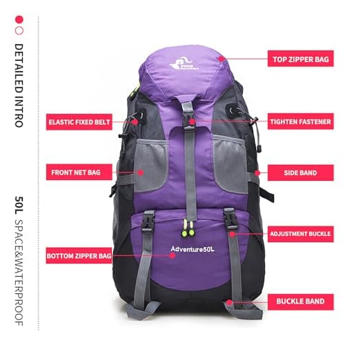 Bseash 50L Hiking Backpack, Water Resistant Lightweight Outdoor Sport Daypack Travel Bag for Camping Climbing Touring (Purple - No Shoe Compartment) — view 5