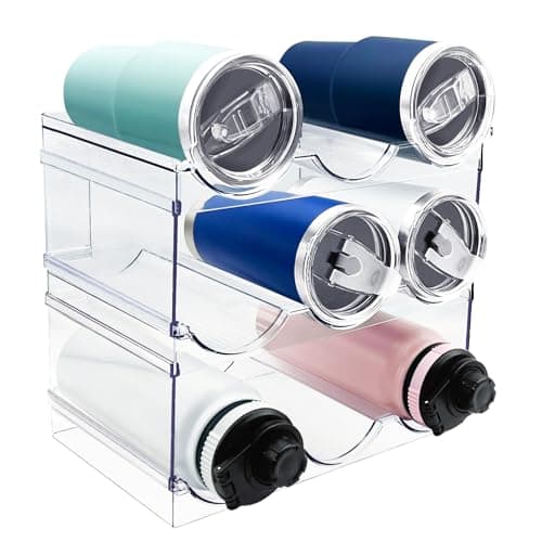 Water Bottle Storage Organiser for Cupboard, Stackable Home Kitchen Storage & Organisation Rack, Plastic Bottle Holder for Fridge Pantry Organizer and Storage, Travel Mug Thermos Flask Cup Organiser