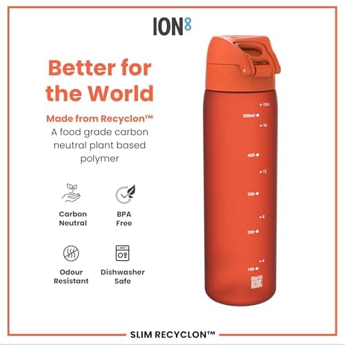 Ion8 Water Bottle, 500 ml/18 oz, Leak Proof, Easy to Open, Secure Lock, Dishwasher Safe, BPA Free, Hygienic Flip Cover, Carry Handle, Fits Cup Holders, Easy Clean, Carbon Neutral, Hearty Orange — view 5
