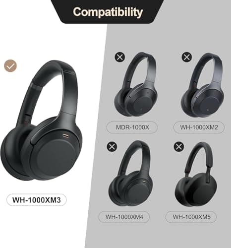 WH-1000XM3 Replacement Ear Pads for Sony XM3 Noise Cancelling Headphones, Genuine Lambskin Leather Earpads Cushions with Softer Acoustic Memory Foam, Extra-Thickness (Black) — view 6
