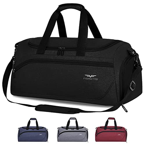 FIORETTO 35L Mens Sports Gym Bag with Wet Pocket & Shoe Compartment,Travel Duffle Overnight Bag with Padded Shoulder Strap, Water-Resistant Sports Holdall for Swimming, Basketball Black