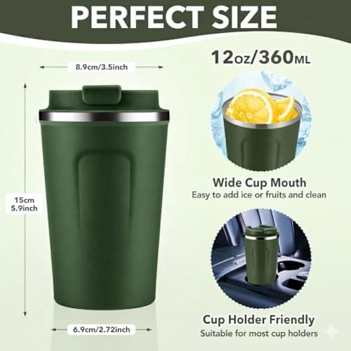 Volhoply 360ml 12oz Double Wall Insulated Vacuum Travel Coffee Mug with Flip Lid,Reusable Stainless Steel Leak Proof Coffee Cup,Cafe Thermal Tumbler Suitable for Hot&Cold Drinks(Army Green,1 Set) — view 2