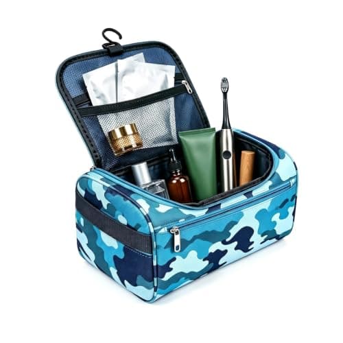 Camouflage Wash Bag for Boys Kids Men, Waterproof Toiletry Bag with Hanging Hook, Portable Travel Wash Bag for School Gym Camping Dorm Bathroom Organizer, Blue Camo 1 Pack（Blue M）
