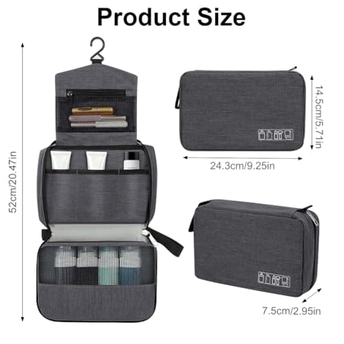 ALIIP Hanging Toiletry Bag Waterproof for Men & Women, Foldable Compact Travel Wash Bag with 3 Compartments, Lightweight One-Piece Makeup Bag Organizer for Travel Size Accessories (Grey) — view 2