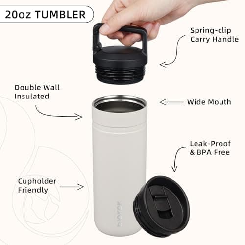 BJPKPK Insulated Water Bottle with 2 Lids,600ml Double Wall Stainless Steel Vacuum Tumbler Travel Coffee Mug,Wide Mouth Thermal Cup,Milky — view 3