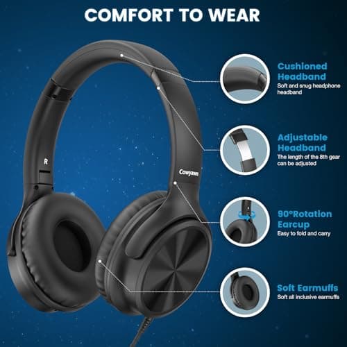 Cowyawn USB C Headphones Wired, Over Ear Headphones with Microphone, Volume Control, HD Stereo Sound, Foldable Lightweight Headphones for Adult/Teens/Chromebooks/Laptop/Computer/Tablets/Travel (Black) — view 3