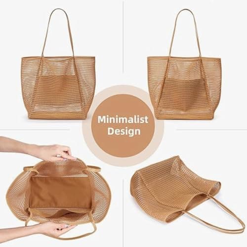 MSLSOZ Reusable Shopping Bag, Mesh Beach Tote Bag, 22L Khaki Shopping Bag with Double Handles, Bag for Women — view 4