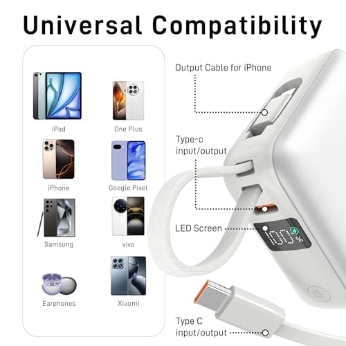 VINKO Small Power Bank with Built-in Cable,10000mAh Fast Charging Power Bank, 22.5W USB C Portable Charger, Mini Battery Pack for iPhone 16 15 14 13 Samsung Galaxy Google Android (White) — view 6