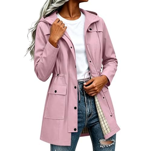 Znwerma ladies waterproof jackets lightweight Waterproof Jacket Lightweight for Women Ladies Windbreaker Rain Coats Full Zip Hooded Long Raincoat Casual Hiking Walking Outwear Pink