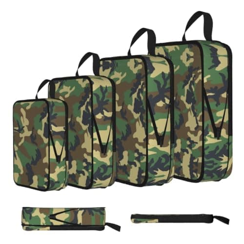 Green Military Camo Print Compression Packing Cubes 4-Piece Set With Multi- Compartment Travel Bag, Waterproof Suitcase Organiser Bags