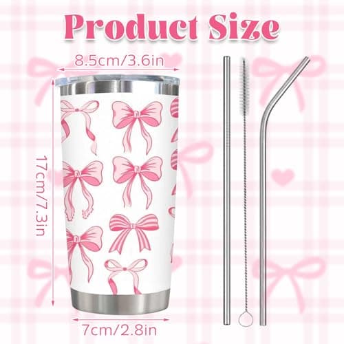 Bow Water Bottle, Stainless Steel Hot and Cold Water Bottle with Straw, Cute Thermos Travel Mug, Portable Coffee Cup for Office, Car, Bow Bottle Gift for Girls, Kids, Friends, 20 OZ — view 2