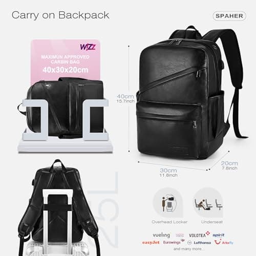 SPAHER 40x30x20 Wizzair Cabin Bag Leather Travel Laptop Backpack 15.6 Inch with USB Charging Port Waterproof School Work College Backpack Men Women Daypack Underseat Carry on Hand Luggage — view 2