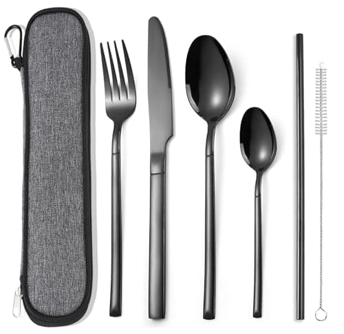 AARAINBOW Portable Cutlery Set for 1 Person, Stainless Steel Knife Fork Spoon Straw Set. 6-Piece Flatware Set with Bag, Suitable for Travel Camping Work, Dishwasher Safe, Black