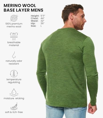 Merino.tech 100% Merino Wool Base Layer Men - 3 Collar Option (Large, 170 Green Olive Hnly) — view 2