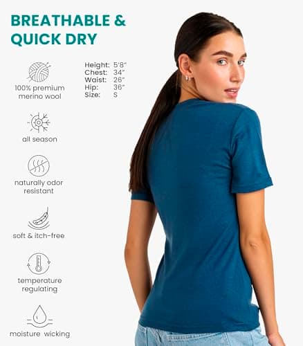 100% Merino Wool T Shirt Women - Merino Wool Base Layer Womens + Socks (Medium, Denim Blue) — view 2