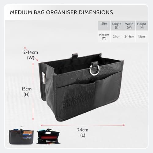 Periea Claire Luxury Crocodile Effect Faux Leather Handbag Organiser Insert- ideal for Most Medium Sized Handbags– 10 Pockets & 5 Double Card Slots (Black) — view 6