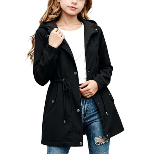 Black Girls Waterproof Jacket Windproof Hooded Raincoat Outdoor 9 Years