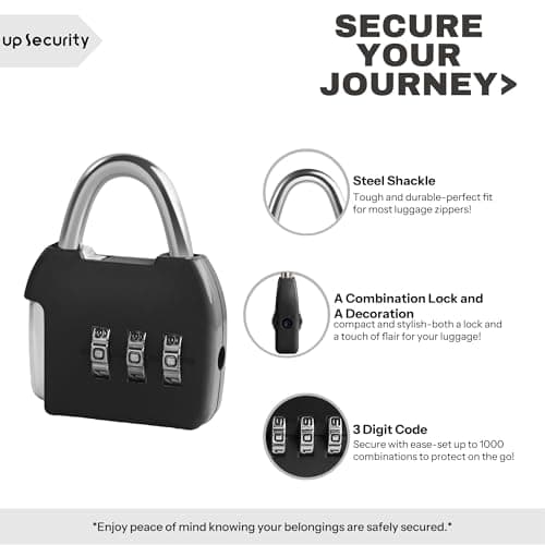 UP Security Small Combination Lock, 3 Digit Combination Padlock, Travel Luggage Locks, Combo Lock with Code for Suitcase, Mini Locker, Bag, Tool Box, Backpack Zipper (Black+Black, 2-Pack) — view 4