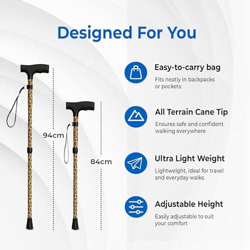 Life Healthcare Folding Walking Stick, Adjustable Aluminium, Brown Leopard — view 4