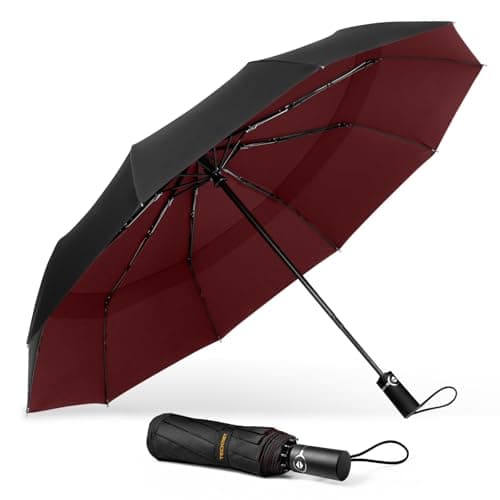 TECKNET Windproof Umbrella, Strong Compact Travel Automatic, Large Wind Resistant with 10 Ribs, Folding Lightweight Golf Automatic for Rain - Men, Red&Black